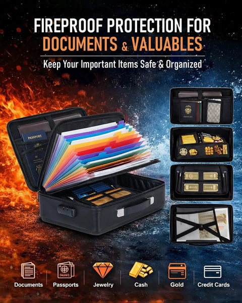 Built Tough Fireproof And Waterproof Document Safe Box With Lock For Papers Laptops And Passports, black case open with folders