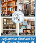 Heavy Duty Clear Shelf Support Pegs For Cabinet Furniture And Bookshelves 100 Pack holding shelves in various organized spaces.