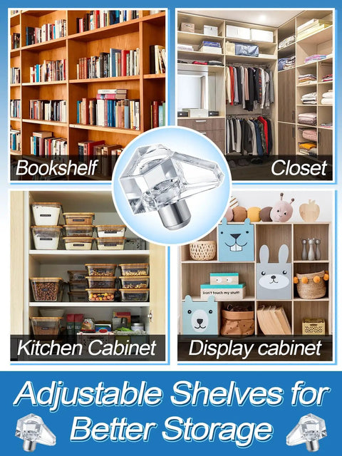 Heavy Duty Clear Shelf Support Pegs For Cabinet Furniture And Bookshelves 100 Pack holding shelves in various organized spaces.