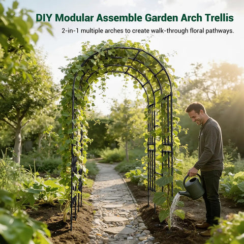Walk Through Garden Arch Trellis For Climbing Plants Outdoor 3.9x7.9 Feet Steel With PE Coating Weather Resistant Black Garden Arbor in pathway