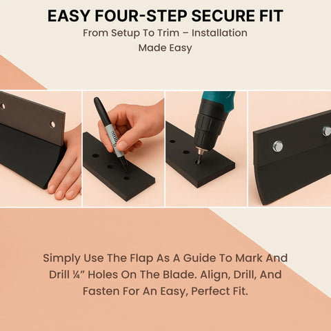 Installation guide showing heavy duty rubber cutting edge for snow plow, 60 inch wide by 4 inch high, with drilling process.