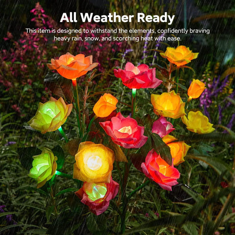 Solar Garden Lights Outdoor Decorative 3 Pack Rose Flower Pathway Lights With 7 Color Changing LEDs glowing in rain