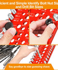 Miucoguier bolt and nut thread checker on red gauge plate; standard/metric sizes; hex nut held beside drill-bit gauge.