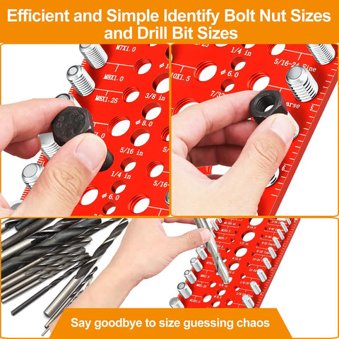 Miucoguier bolt and nut thread checker on red gauge plate; standard/metric sizes; hex nut held beside drill-bit gauge.