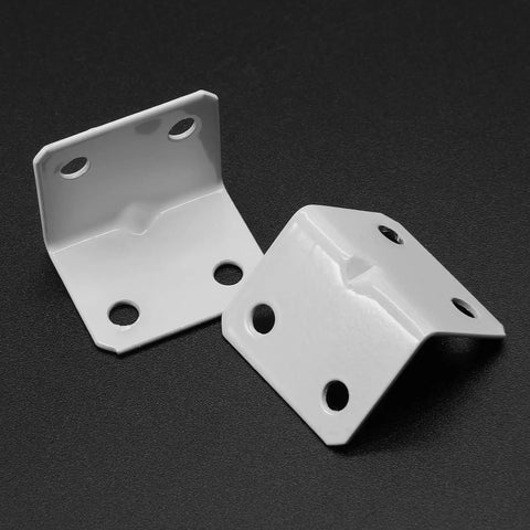 12 Pack White Powder Coated Steel L Corner Braces With Phillips Screws, right angle joinery plates close-up on black background.