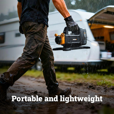 Person carrying Beast 20V Water Transfer Pump With PowerShare Battery System Delivers 5.75 GPM For Quick Water Removal Up To 200 Gallons Per Charge Self Priming Design Without Battery Or Charger Included outdoors