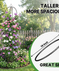 Image of a Heavy Duty Metal Climbing Plant Trellis Outdoor Freestanding Six Point Three Foot Tall Upgrade 100 Percent Metal With Powder Coating Built Tough For Roses Flowers Grapes Peas Cucumbers Tomatoes Cage in a garden, displaying height and 16-inch diameter.