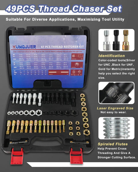 49PCS Thread Chaser Set displayed in an open black case with color-coded tools, chart, and assorted chasers for diverse applications.