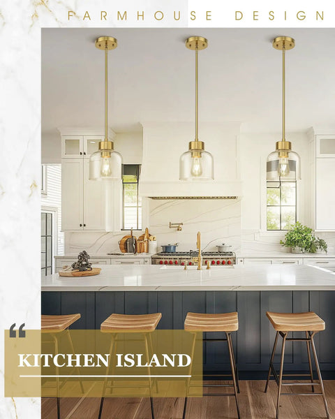 2 Pack 7 Inch Brushed Gold Pendant Lights With Crystal Clear Glass Shades For Kitchen Island And Dining Room over modern kitchen island.
