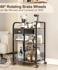 Rustic Wood Coffee Cart With Dope Multi Tier Layout And Slick Brake Lock Wheels For Easy Rolling Serving Station showcasing rotating brake wheels.