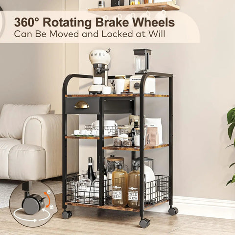 Rustic Wood Coffee Cart With Dope Multi Tier Layout And Slick Brake Lock Wheels For Easy Rolling Serving Station showcasing rotating brake wheels.