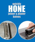 Dead Nuts Accurate Planer And Jointer Knife Sharpener System showing sharpener and knife alignment for smooth honing.