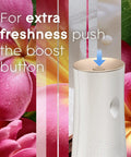 Automatic Air Freshener Refills for Home and Bathroom Tropical Blossoms Scent 6.2 Oz Each 3 Count Up to 70 Days of Fragrance With Battery Operated Dispenser for Long Lasting Freshness. Battery-operated dispenser with boost button