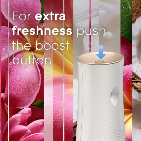 Automatic Air Freshener Refills for Home and Bathroom Tropical Blossoms Scent 6.2 Oz Each 3 Count Up to 70 Days of Fragrance With Battery Operated Dispenser for Long Lasting Freshness. Battery-operated dispenser with boost button