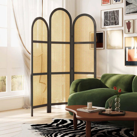 Three Panel Hand Woven Rattan Room Divider With Built Tough Pine Wood Frame No Assembly Needed Tall Foldable Privacy Screen