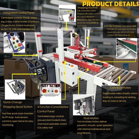 Top Shelf Automatic Carton Sealer And Strapping Machine Combo with integrated control panel and inclined conveyor belt.