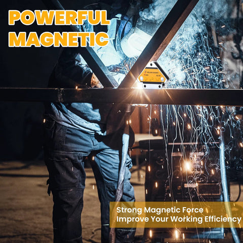 Yellow magnetic welding holder on steel beam with sparks