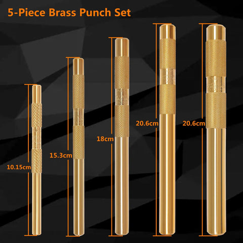 Set of 5 beefy brass drift punches in various sizes for metalworking and woodworking projects, with size measurements shown.