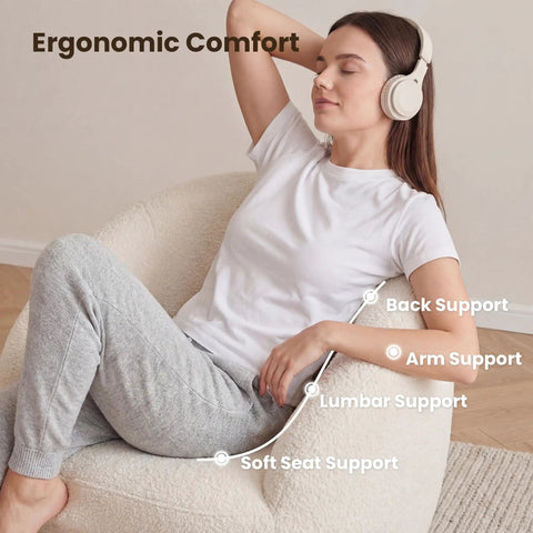 Woman relaxing in a White Boucle Swivel Chair With 360 Degree Base, Oversized Round Barrel Accent Chair For Living Room, highlighted supports.