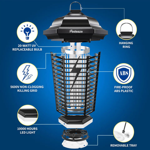 Outdoor Bug Zapper With LED Light 5600V Electric Fly Killer Plug In Mosquito Zapper For Indoor Or Outdoor Use 3 Prong Plug
