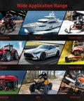 Image showing wide application range including motorcycle, boat, snowmobile, tractor, car, lawn mower, generator, ATV, chainsaw.