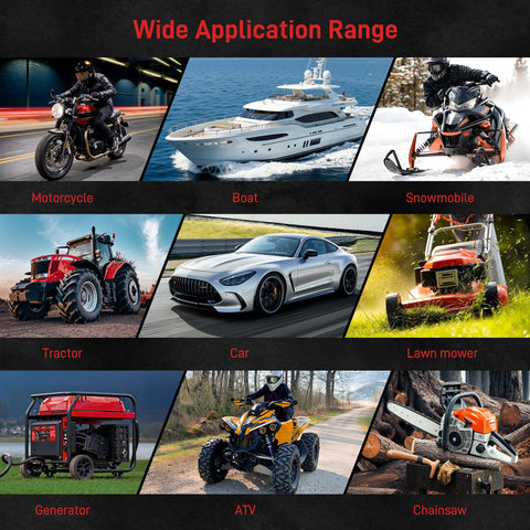 Image showing wide application range including motorcycle, boat, snowmobile, tractor, car, lawn mower, generator, ATV, chainsaw.