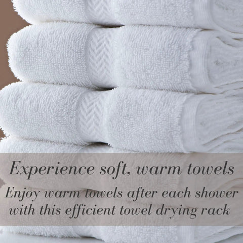 Stack of white towels on Classic 37.5-Inch Nickel Heated Towel Warmer Rack With 4 Bars, Freestanding Or Wall Mounted