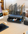 Mesh Desk Organizer With Sliding Drawer And Double Tray, Five Upright Sections For Files And Office Supplies, Black Finish