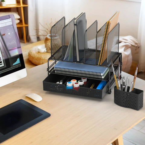 Mesh Desk Organizer With Sliding Drawer And Double Tray, Five Upright Sections For Files And Office Supplies, Black Finish