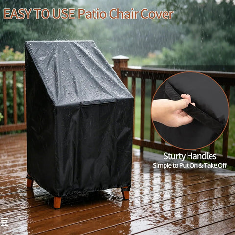 Outdoor scene showing 2 Pack Outdoor Chair Covers For Stackable Dining Chairs, Waterproof Weatherproof High Back Patio Covers in rain.