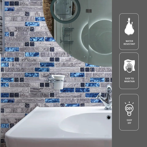 Bathroom sink with Blue Gray Glass Dope Decorative Tile 5 Pack Mosaic For Kitchen Backsplash Or Bathroom Backsplash Mesh-Backed 11.8 X 11.8 Inch 0.25 Inch Thick Covers About 5 Sq Ft Natural Mineral Stone And Crystal Glass tiles