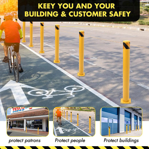 Hella Sturdy Removable Steel Bollards Surface Mounted Parking Barrier 2 Pack Yellow Traffic Posts on bike lane for safety