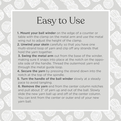 Purple Yarn Ball Winder For Knitting And Crocheting, Easy To Use Tool That Winds Hanks Into Center Pull Cakes Up To 100 Grams, Works With Lace To Worsted Weights, Makes Quick Mess Free Yarn Prep For Projects. instruction sheet with easy-to-use setup steps