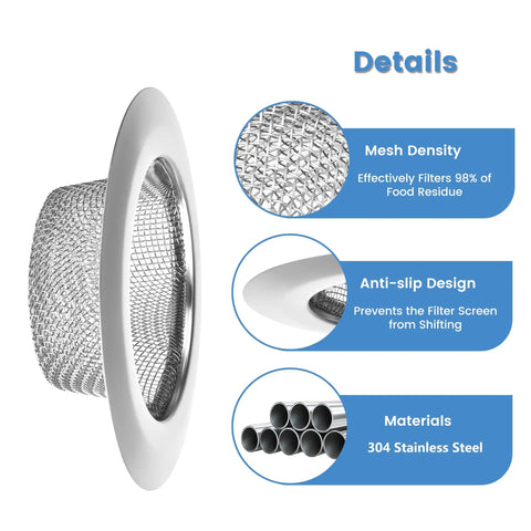 4.5 Inch Stainless Steel Sink Strainer Basket Pack Of 2 Universal Kitchen Drain Filter Hair Catcher And Food Waste Strainer For Most Sinks No Fuss Easy Clean Heavy Duty 304 Stainless Steel Mesh showing mesh density and anti-slip design