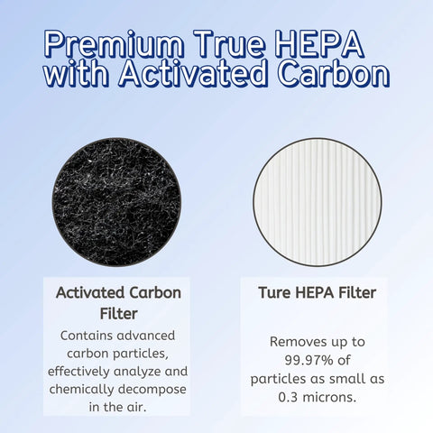 Easy Install Premium True HEPA Carbon Filter Replacement For Winix AM90 6300 P300 showing activated carbon and HEPA filter close-up.