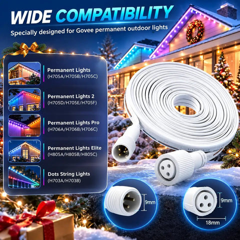 Two Pack 13 Foot IP68 Waterproof 3 Pin Extension Cables For Smart Outdoor String Lights, shown coiling with connectors.