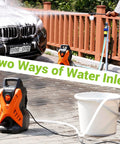 Portable Electric Pressure Washer 1750 PSI 1.6 GPM with foam cannon washing a car and bucket water inlet option shown