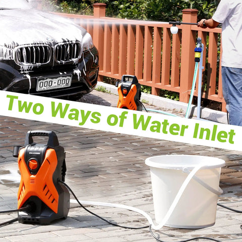 Portable Electric Pressure Washer 1750 PSI 1.6 GPM with foam cannon washing a car and bucket water inlet option shown
