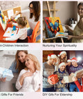 Collage of parent-child painting, woman with butterfly painting, two women exchanging gifts, and group celebrating with presents.