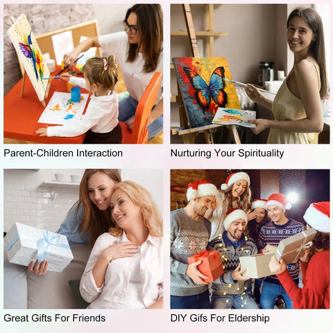Collage of parent-child painting, woman with butterfly painting, two women exchanging gifts, and group celebrating with presents.