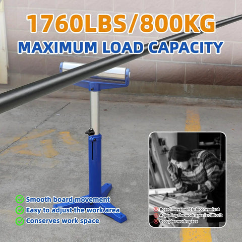 Heavy Duty Roller Stand For Woodworking With Smooth Rollers And Quick Height Adjustments From 22 To 38 Inches delivering 1760 lbs capacity in workshop.