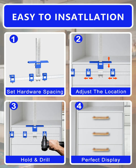 Heavy Duty Cabinet Hardware Jig And Pull Handle Template Featuring Exact Imperial Metric Readouts And Integrated Center Punch for easy installation steps.