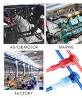 Image showing applications for 120 Piece T Tap Quick Splice Wire Connectors All In One Set For 24 To 10 Gauge Electrical Crimp Terminals And Quick Disconnects Tin Copper Assortment For Automotive Marine And Home Wiring Must Have, including automotive, marine, and factory settings.