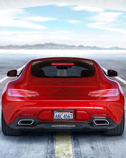 Red car with Real Carbon Fiber License Plate Frame With Stainless Steel Core, Wide 2-Hole Edge in use on rear mount.