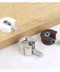 Interlocking Cam Lock Pins For DIY Furniture Kit, 80 Pcs Cabinet Brackets, metal, white, and brown two-piece hardware on wood board