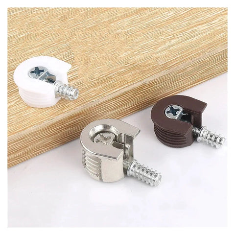 Interlocking Cam Lock Pins For DIY Furniture Kit, 80 Pcs Cabinet Brackets, metal, white, and brown two-piece hardware on wood board