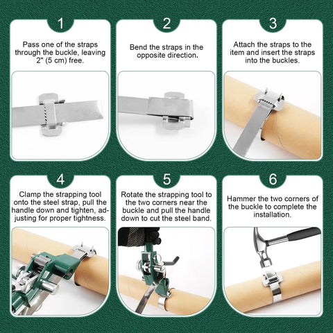 Step-by-step guide using the Stainless Steel Strapping Banding Kit With Ratchet Tensioner And Cutting Tool For Three Quarters Inch By One Hundred Feet Of 304 Stainless Steel Banding Includes 100 Buckles Hammer And Work Gloves For Heavy Duty Pallet Packaging.