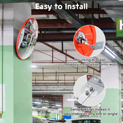 12 Inch Convex Safety Traffic Mirror Boasts Crisp Fisheye Vision For Rock Solid Garage Parking Assist Plus Driveway Blind Spot Wipeout Designed For Outdoor Indoor Install To Crush Hazards In Stores Or Tight Alleyways, featuring easy-install bracket.