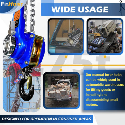 Beefy Heavy Duty Lever Chain Hoist 1650 Lbs Capacity, showing hooks and chain, in use for lifting in automotive and warehouse settings.