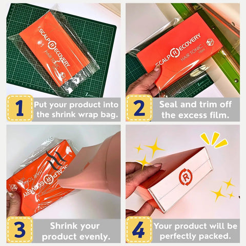 4-step tutorial for using 8X12 Inch Odorless Heat Shrink Wrap Bags 500 Count With Vents Hella Thick 100 Gauge PVC Film.